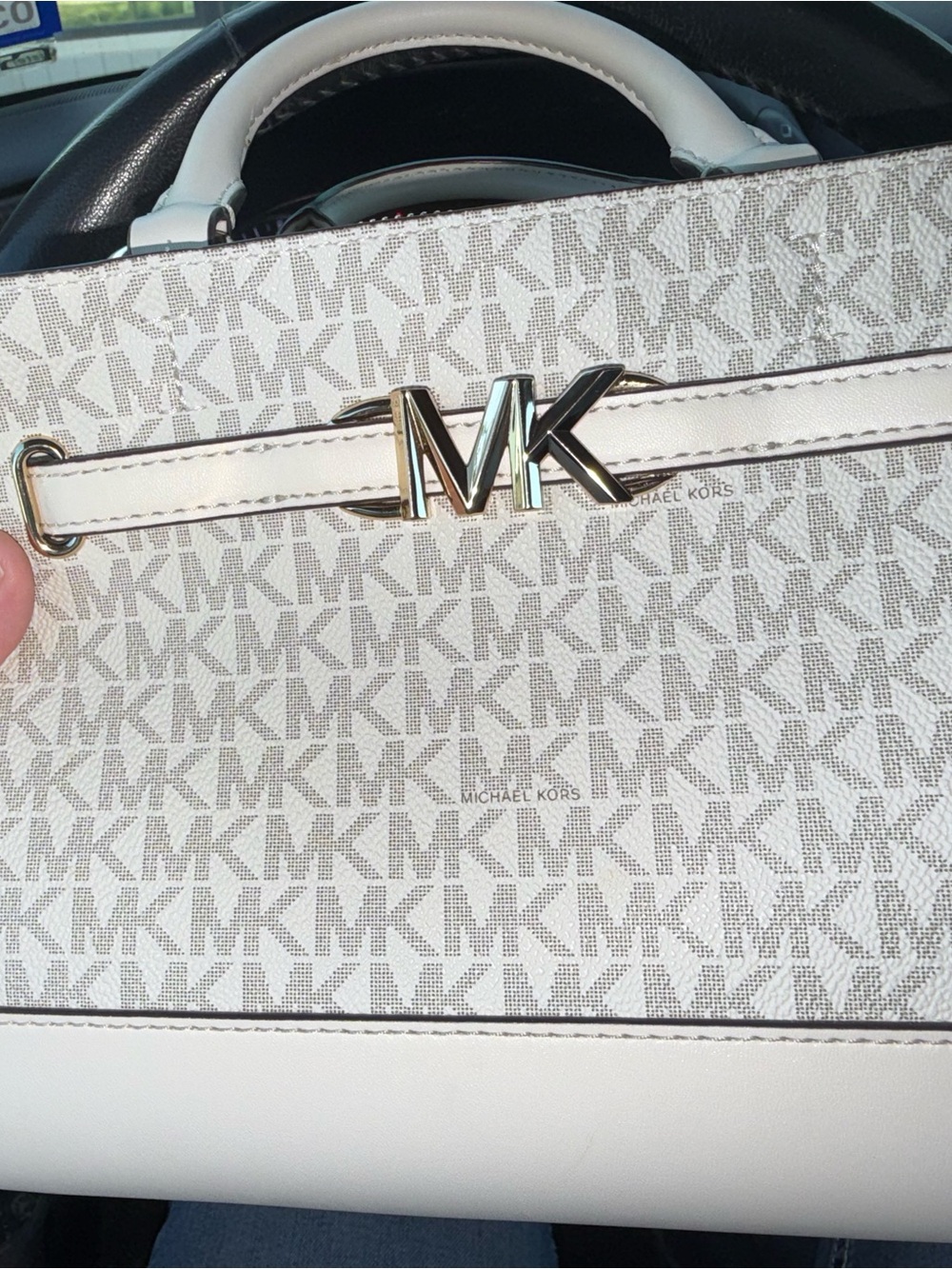 Michael Kors White Logo-Print Satchel with Gold MK Accent
